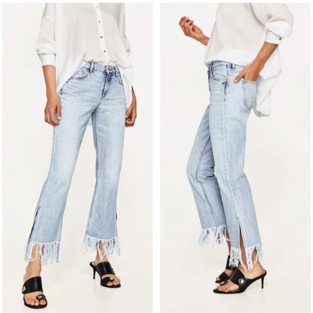 Zara Side Slit Straight Jeans Size 6 Light Wash Fringed Hem Basic Z1975 Denim